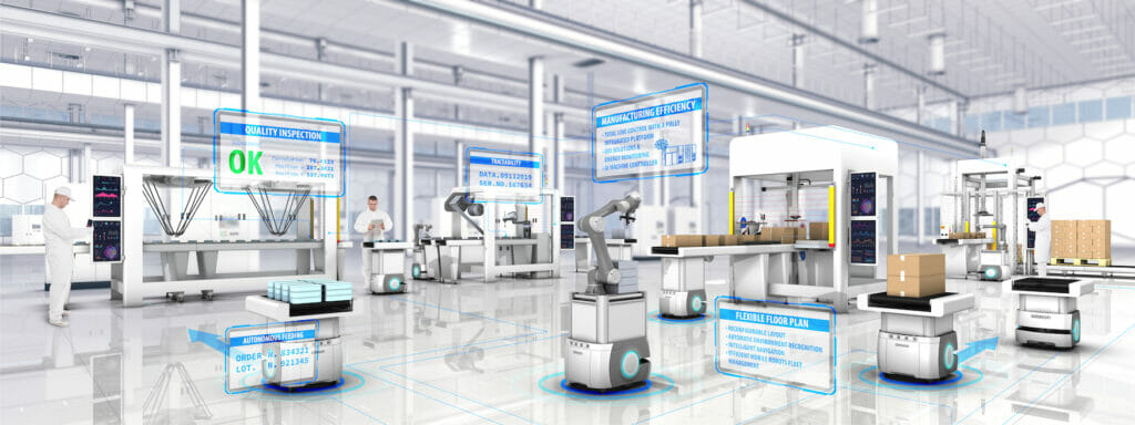 Picture of automated mobile robots that transport goods.