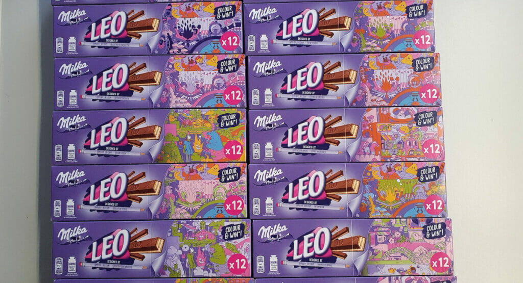 Bild von verschiedenen künstlerischen Verpackungen für den Milka-Schokoriegel Leo.