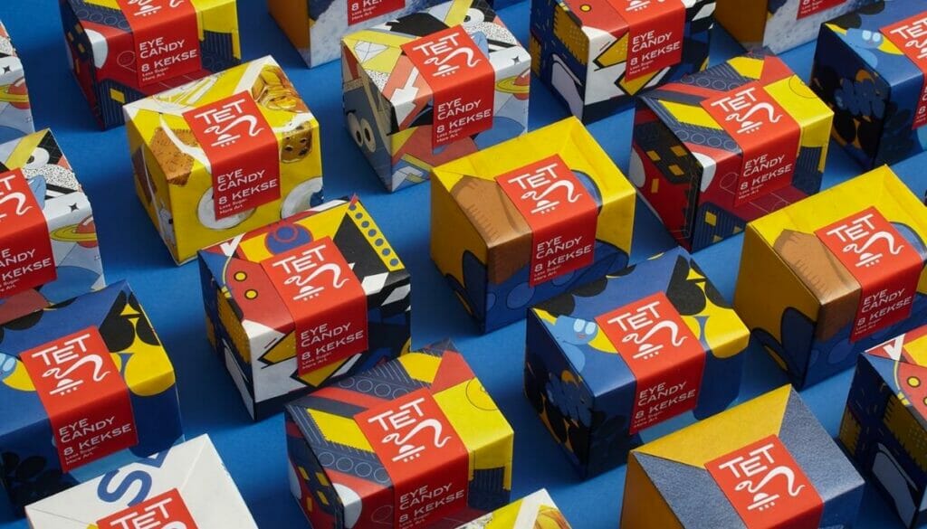 Eine Reihe von Bahlsen-Kekspackungen mit individuellen, farbenfrohen Designs von Mutabor
