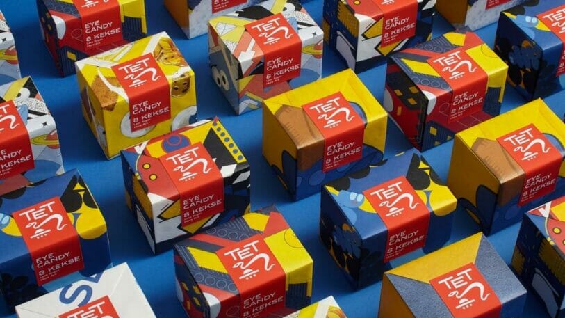 Eine Reihe von Bahlsen-Kekspackungen mit individuellen, farbenfrohen Designs von Mutabor