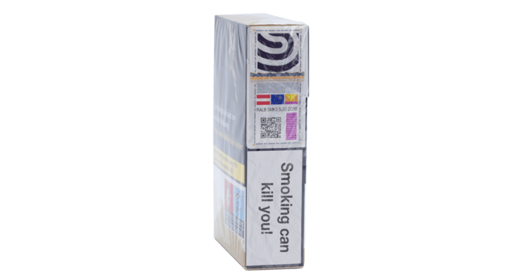 Bild von einer Zigarettenverpackung mit einem manipulationssicheren Etikett und Steuerangaben