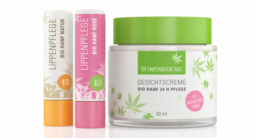 Bild von zwei Lippenbalsam und einem Cremetiegel mit selbstklebenden Etiketten aus Hanf.