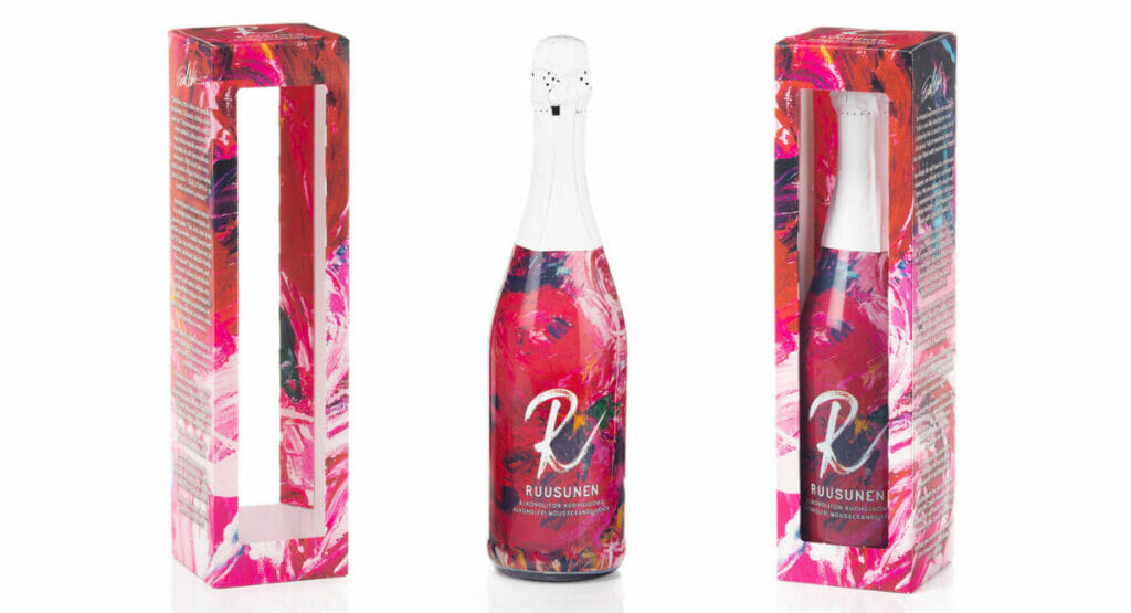 Bild von einer bunten Getränkeflasche und zwei Kartonverpackungen im gleichen Design.