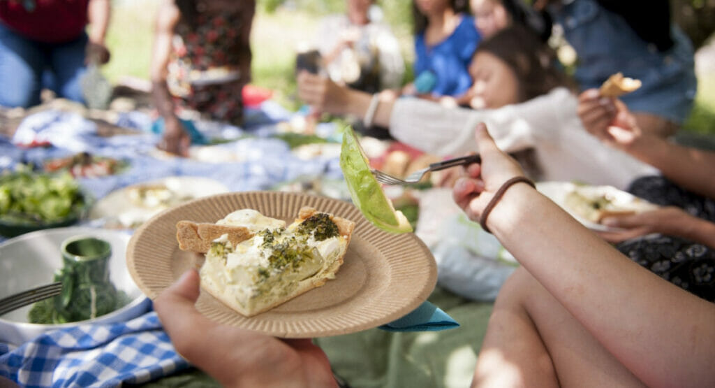 Bild von einer Gruppe, die bei einem Picknick sitzt und Close-up von einem Pappteller.