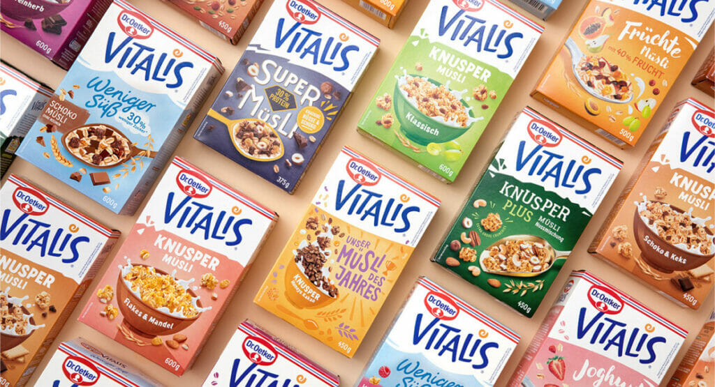 Bild von verschiedenen Müslis von Vitalis im neuen Verpackungsdesign