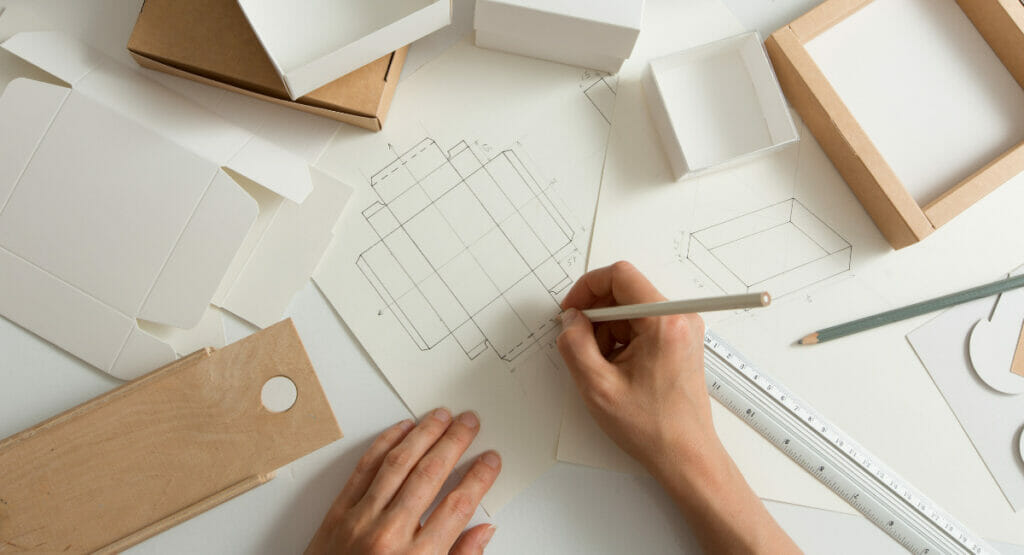 Bild von einem Tisch und Verpackungen und einer Hand, die an einem Verpackungsdesign arbeitet.
