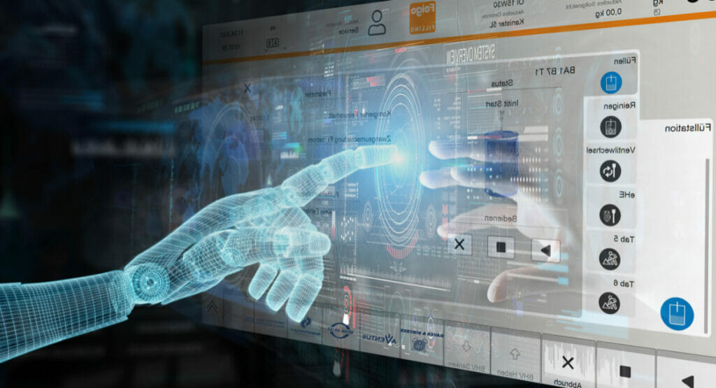 Bild vom Hologramm einer Hand, die einen Bildschirm berührt