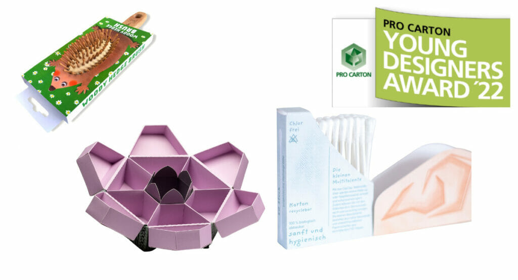 Bild von drei Verpackungen und dem Logo eines Awards