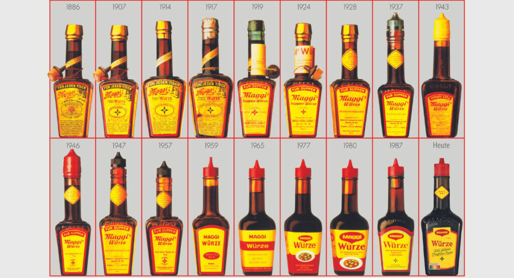 Bild von unterschiedlichen Verpackungen für Maggi Würze seit der Entstehung der Marke