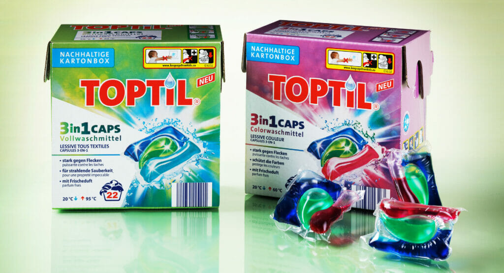 Die neue Verpackung des Waschmittels von Norma verzichtet auf Kunststoff.