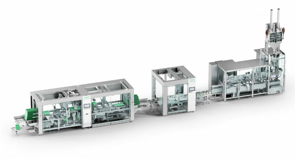 Die flexible Komplettlösung von Syntegon besteht aus PMX, Product Handling System und Elematic 3001 WAH.