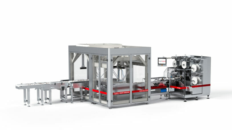 The robotic distribution line can be used for the management of flat-based asymmetrical chocolate pralines.