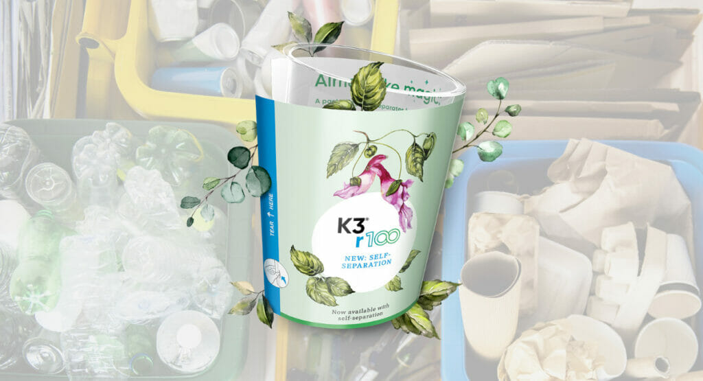 Die Karton-Kunststoff-Kombination gibt es mittlerweile seit etwas mehr als 40 Jahren. Bei der neuesten Innovation K3-r100 trennen sich die beiden Bestandteile im Abfallsammelprozess selbstständig voneinander.