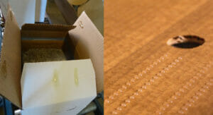 Unnötig viel Klebstoff auf einer Kartonverpackung vs. Für einige Anwendungen eignet sich das klebstoffsparende Hotmelt-Stitching.