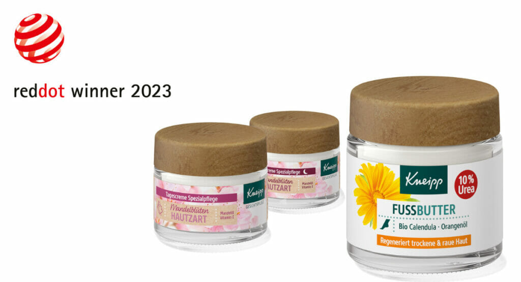 The Red Dot Design Award-winning packaging of the almond blossom creams and foot butter is an example of how Kneipp combines different approaches for more sustainability.