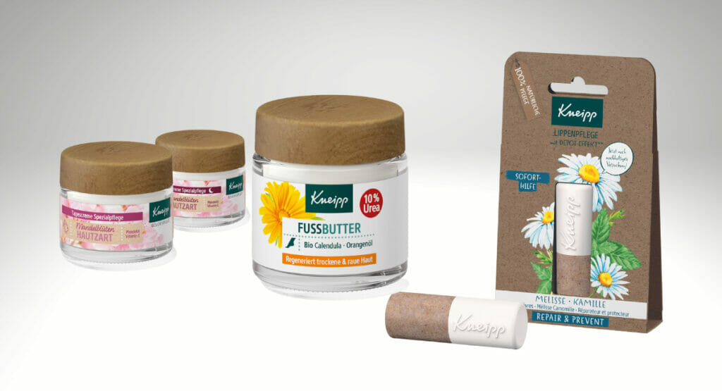 Kneipp relies on the use of natural, renewable raw materials such as silphia paper and cork or the plastic alternative Paper Blend, for example in the packaging of the lip care series.