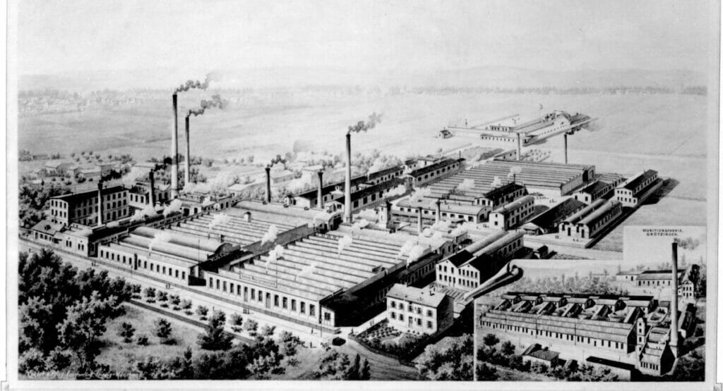 Die Anfänge des Unternehmens als „Deutsche Metallpatronenfabrik Karlsruhe“ 1896.