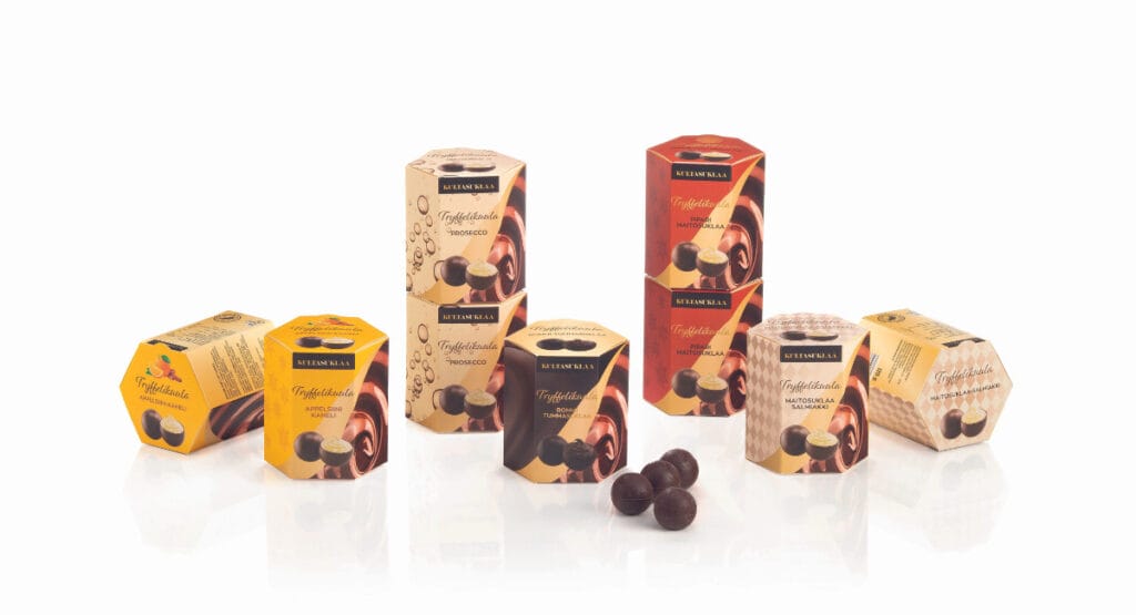 The material used for the hexagonal packaging is virgin fibre cardboard with a dispersion barrier coating.