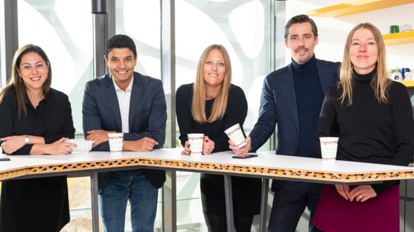 The biopolymer team at BASF is radiating diversity. From left to right: Afsaneh (Iran) responsible for Global Sustainability and Advocacy, Ibrahim (Egypt) Global Product Management, Mia (Sweden) Vice President, Marcel (Germany) Global Business Management, and Olga (Ukraine) Global Business Controlling.