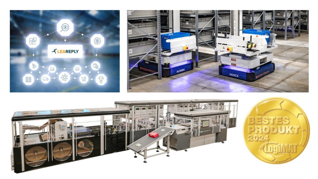 Logimat 2024:Ausgezeichnet als „Bestes Produkt“: Ein innovativer Pickroboter, der als Weltneuheit die Aufträge in den Lagergängen kommissioniert, eine Verpackungsmaschine, die passgenau Kartonagen oder Umschläge fertigt und eine AI-Sprachsteuerung für WMS Systeme.